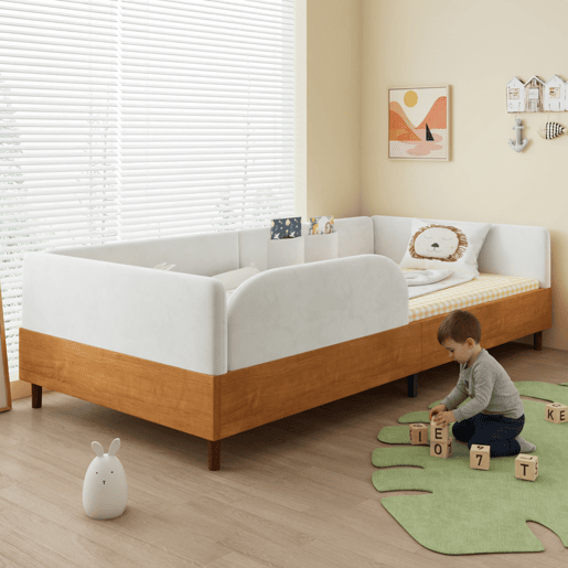 Cama de criança,cama de solteiro de veludo 90x200 cm,branco+natural