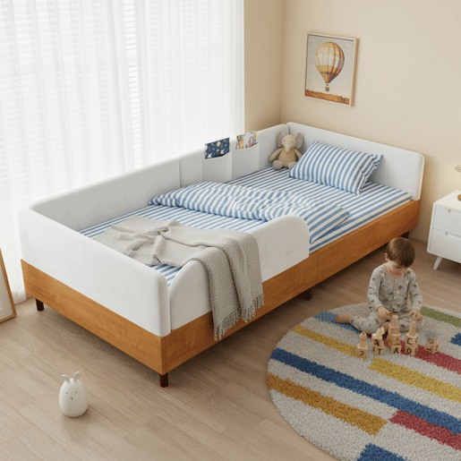 Cama de criança,cama de solteiro de veludo 90x200 cm,branco+natural