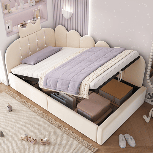 Cama de criança,cama de solteiro de veludo 90x190 cm com armazenamento,bege