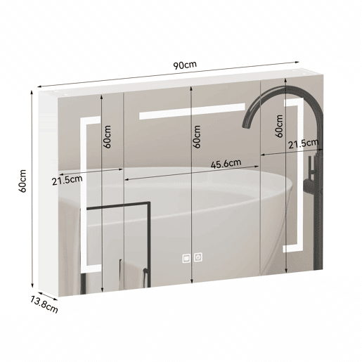Armário com espelho e luz LED de 90 cm - com espaço de arrumação, para montagem na parede, multifuncional para casa de banho, sala e quarto - branco