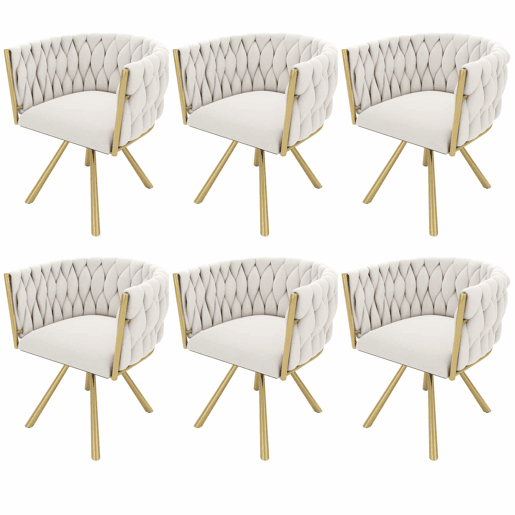 Conjunto de 6 cadeiras giratórias de veludo com braços - pernas de metal dourado - Bege