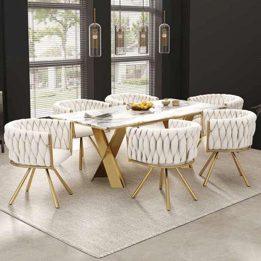 Conjunto de 6 cadeiras giratórias de veludo com braços - pernas de metal dourado - Bege