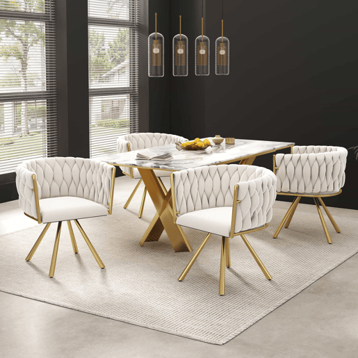 Conjunto de 6 cadeiras giratórias de veludo com braços - pernas de metal dourado - Bege
