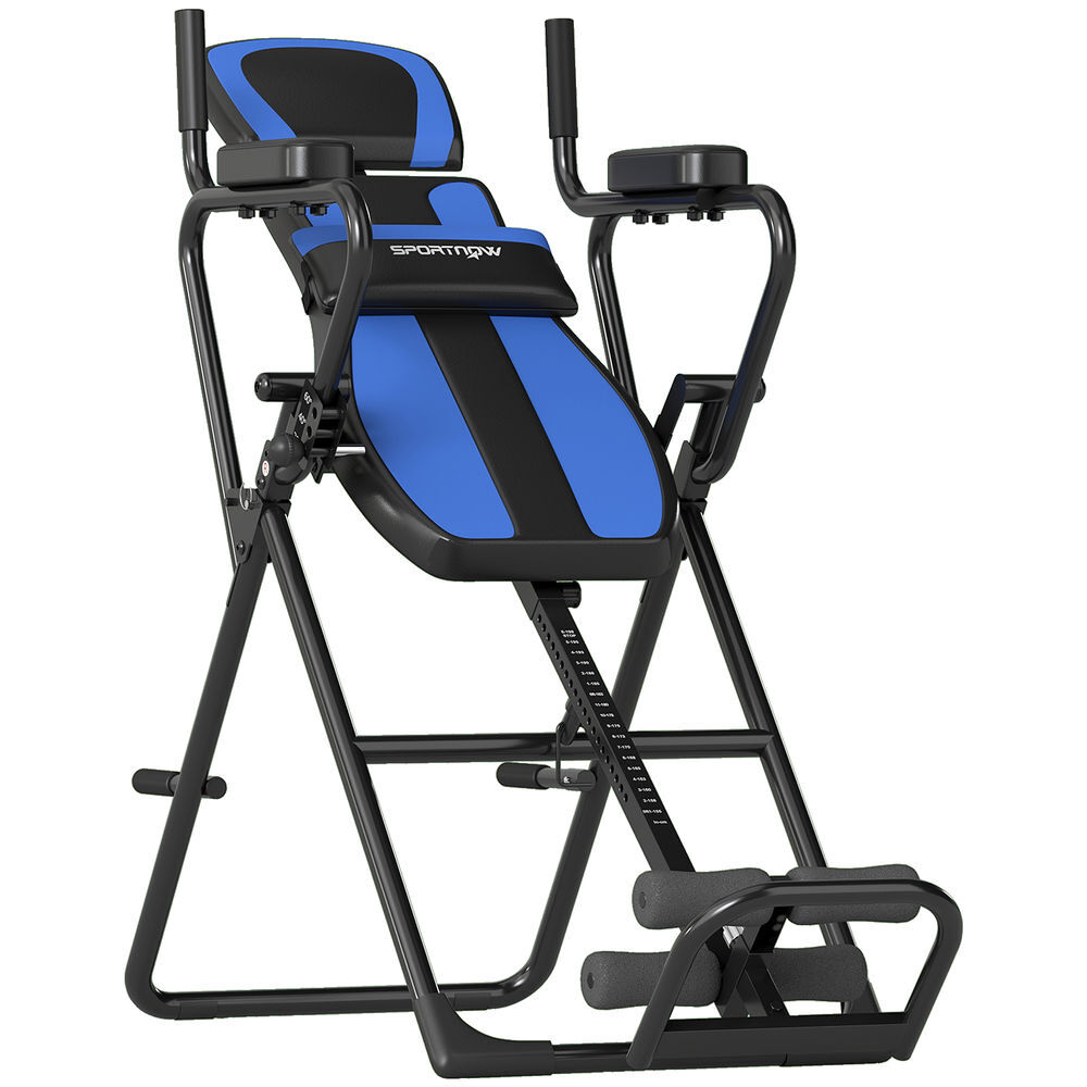 Sportnow tabla de inversión plegable 3 en 1 con dominadas y flexiones reposacabezas altura ajustable 155-198 cm ángulos 20° 40° 60° banco de inversión con soporte lumbar tobillo bloqueo cinturón azul