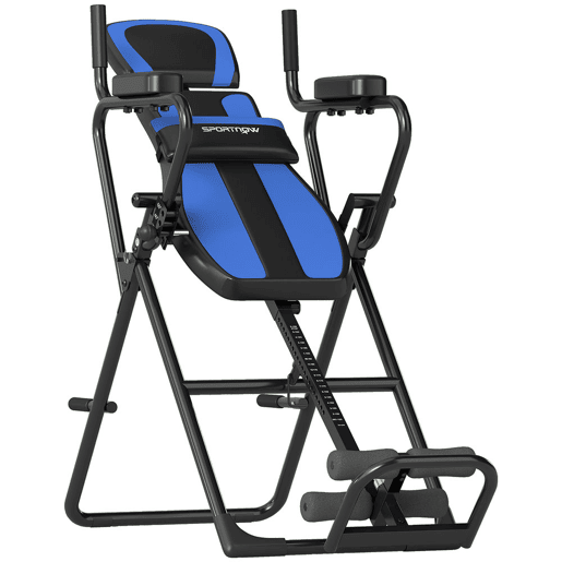 SPORTNOW Tabela de Inversão Dobrável 3 em 1 com Elevações e Flexões Apoio de Cabeça Altura Ajustável 155-198 cm Ângulos 20° 40° 60° Banco de Inversão com Suporte Lombar Bloqueio de Tornozelo Azul