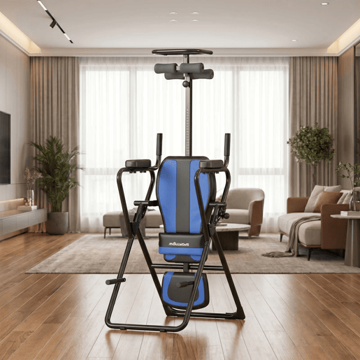 SPORTNOW Tabela de Inversão Dobrável 3 em 1 com Elevações e Flexões Apoio de Cabeça Altura Ajustável 155-198 cm Ângulos 20° 40° 60° Banco de Inversão com Suporte Lombar Bloqueio de Tornozelo Azul
