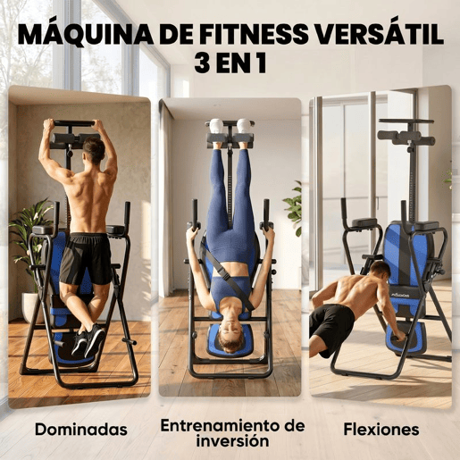 SPORTNOW Tabela de Inversão Dobrável 3 em 1 com Elevações e Flexões Apoio de Cabeça Altura Ajustável 155-198 cm Ângulos 20° 40° 60° Banco de Inversão com Suporte Lombar Bloqueio de Tornozelo Azul