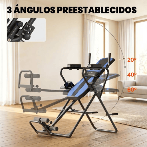 SPORTNOW Tabela de Inversão Dobrável 3 em 1 com Elevações e Flexões Apoio de Cabeça Altura Ajustável 155-198 cm Ângulos 20° 40° 60° Banco de Inversão com Suporte Lombar Bloqueio de Tornozelo Azul