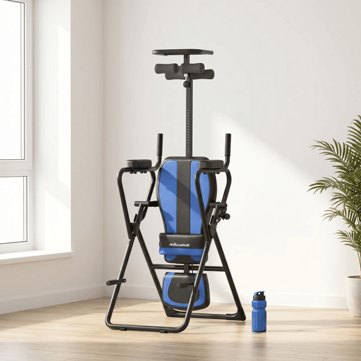 SPORTNOW Tabela de Inversão Dobrável 3 em 1 com Elevações e Flexões Apoio de Cabeça Altura Ajustável 155-198 cm Ângulos 20° 40° 60° Banco de Inversão com Suporte Lombar Bloqueio de Tornozelo Azul