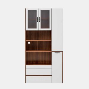 Aparador alto - prateleiras ajustáveis, gavetas, prateleiras extraíveis, vidro estriado, ideal para a sala de jantar, sala de estar e cozinha - branco e nogueira