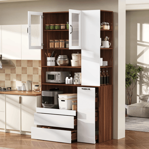 Aparador alto - prateleiras ajustáveis, gavetas, prateleiras extraíveis, vidro estriado, ideal para a sala de jantar, sala de estar e cozinha - branco e nogueira
