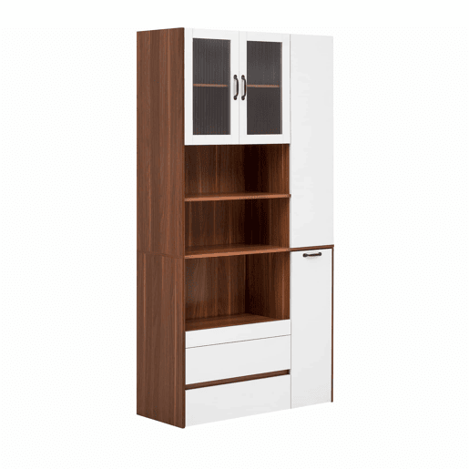 Aparador alto - prateleiras ajustáveis, gavetas, prateleiras extraíveis, vidro estriado, ideal para a sala de jantar, sala de estar e cozinha - branco e nogueira