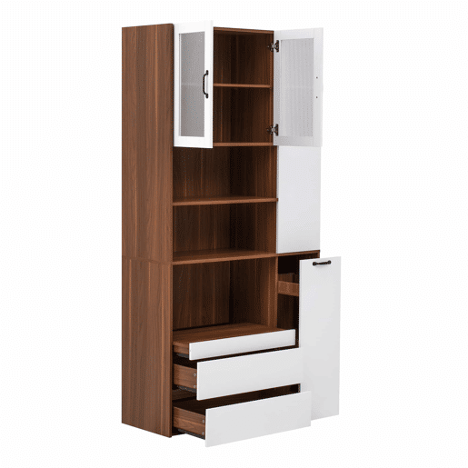 Aparador alto - prateleiras ajustáveis, gavetas, prateleiras extraíveis, vidro estriado, ideal para a sala de jantar, sala de estar e cozinha - branco e nogueira