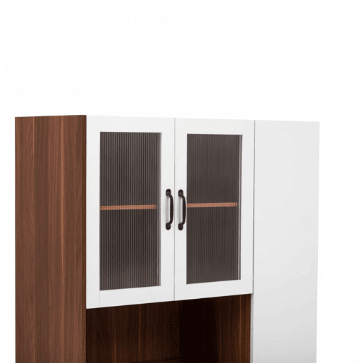 Aparador alto - prateleiras ajustáveis, gavetas, prateleiras extraíveis, vidro estriado, ideal para a sala de jantar, sala de estar e cozinha - branco e nogueira