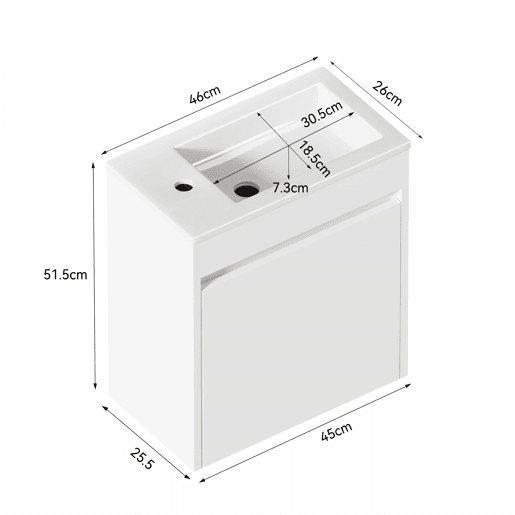 Móvel de casa de banho de 46 cm - amplo espaço de arrumação com 1 porta com fecho suave - branco