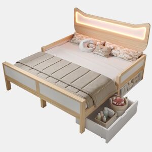 Cama de criança,cama de casal de madeira maciça 140x200 cm com luz led,natural+branco