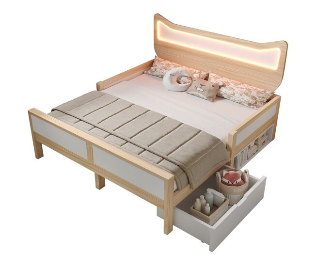 Cama infantil,cama de matrimonio de madera maciza 140x200 cm con luz led,natural+blanco