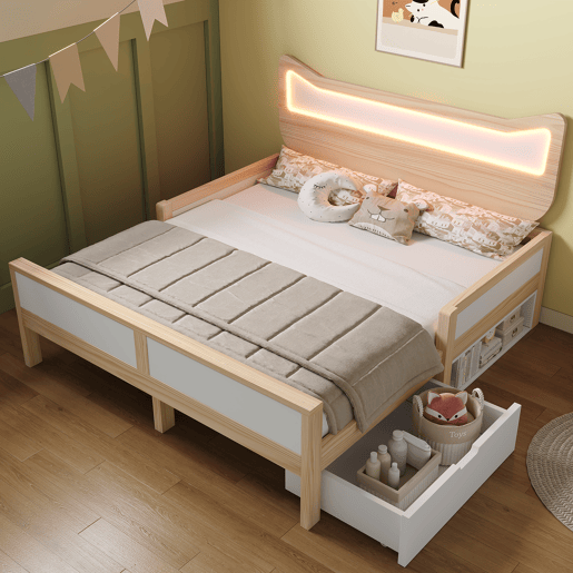 Cama de criança,cama de casal de madeira maciça 140x200 cm com luz led,natural+branco