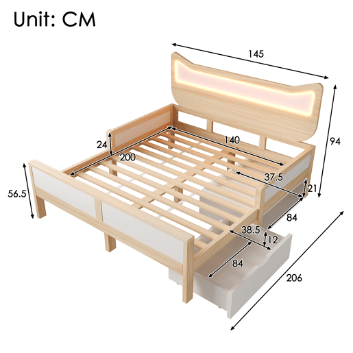 Cama de criança,cama de casal de madeira maciça 140x200 cm com luz led,natural+branco