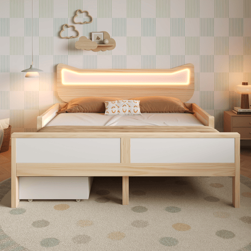 Cama de criança,cama de casal de madeira maciça 140x200 cm com luz led,natural+branco