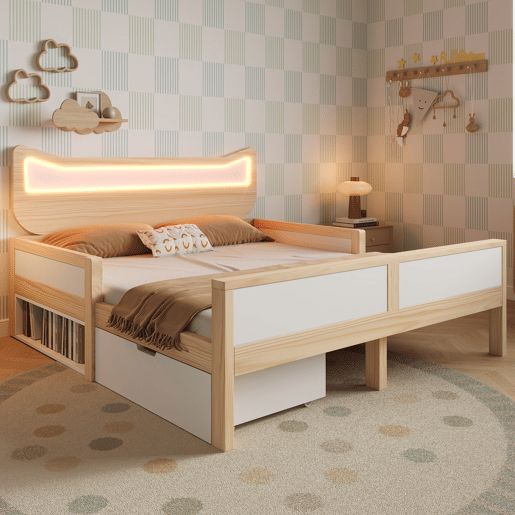 Cama de criança,cama de casal de madeira maciça 140x200 cm com luz led,natural+branco