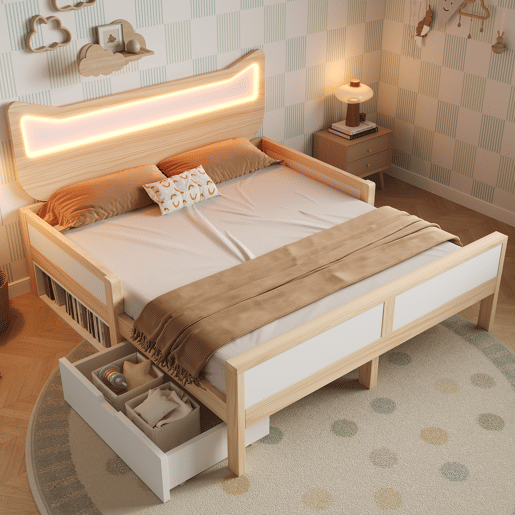 Cama de criança,cama de casal de madeira maciça 140x200 cm com luz led,natural+branco