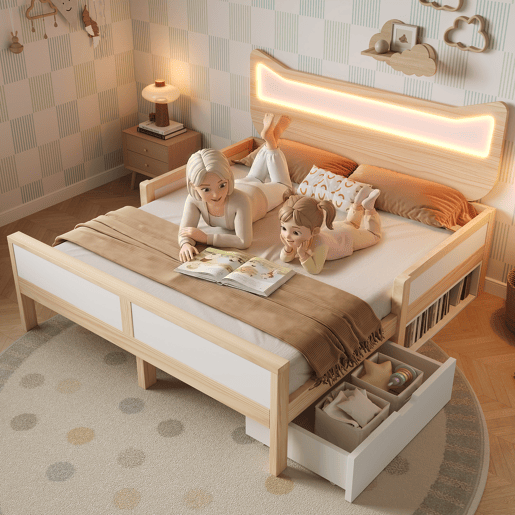 Cama de criança,cama de casal de madeira maciça 140x200 cm com luz led,natural+branco