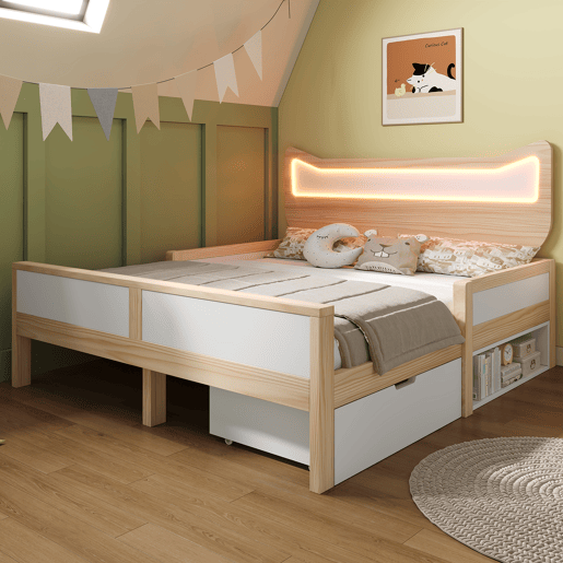 Cama de criança,cama de casal de madeira maciça 140x200 cm com luz led,natural+branco