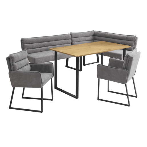Conjunto de sala de jantar com banco de canto e mesa - com banco de canto, 2 cadeiras e mesa de jantar, adequado para cozinha e sala de jantar, estofado em chenille - cinzento e carvalho