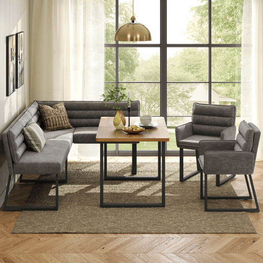 Conjunto de sala de jantar com banco de canto e mesa - com banco de canto, 2 cadeiras e mesa de jantar, adequado para cozinha e sala de jantar, estofado em chenille - cinzento e carvalho