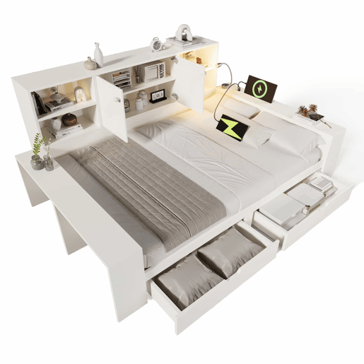 Cama com arrumação 140x200 cm - cama tipo divã com gavetas, porta dupla, portas USBUSB-C, design multifuncional que poupa espaço, cama juvenil e de casal - branca