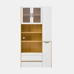 Aparador alto - sem dimensões - com prateleiras ajustáveis e gavetas, aparador com prateleiras extraíveis e vidro estriado, ideal para a sala de jantar, sala de estar e cozinha - Branco e natural
