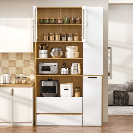 Aparador alto - sem dimensões - com prateleiras ajustáveis e gavetas, aparador com prateleiras extraíveis e vidro estriado, ideal para a sala de jantar, sala de estar e cozinha - Branco e natural