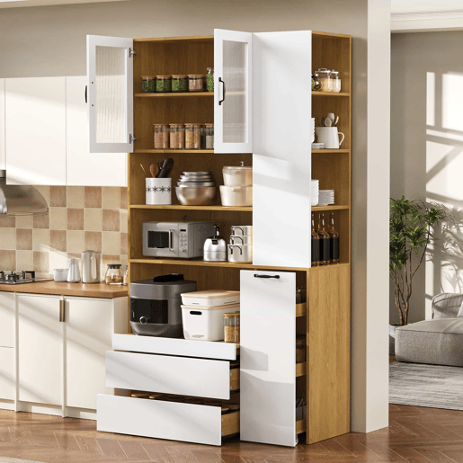 Aparador alto - sem dimensões - com prateleiras ajustáveis e gavetas, aparador com prateleiras extraíveis e vidro estriado, ideal para a sala de jantar, sala de estar e cozinha - Branco e natural