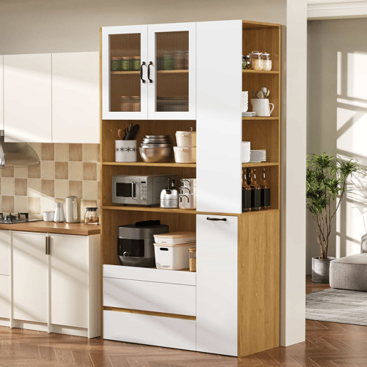 Aparador alto - sem dimensões - com prateleiras ajustáveis e gavetas, aparador com prateleiras extraíveis e vidro estriado, ideal para a sala de jantar, sala de estar e cozinha - Branco e natural
