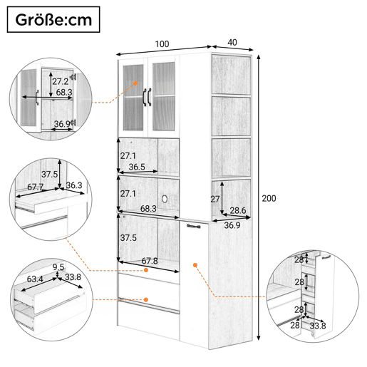Aparador alto - sem dimensões - com prateleiras ajustáveis e gavetas, aparador com prateleiras extraíveis e vidro estriado, ideal para a sala de jantar, sala de estar e cozinha - Branco e natural