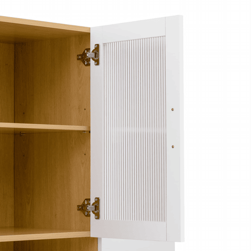 Aparador alto - sem dimensões - com prateleiras ajustáveis e gavetas, aparador com prateleiras extraíveis e vidro estriado, ideal para a sala de jantar, sala de estar e cozinha - Branco e natural