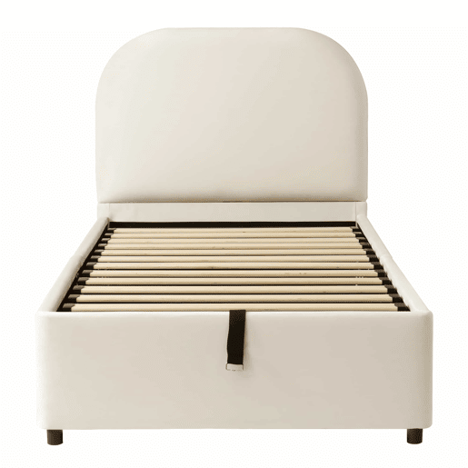 Cama infantil estofada 90x190 cm - sistema hidráulico, baú rebatível, base de ripas, cabeceira estofada, amplo espaço de arrumação, veludo - bege