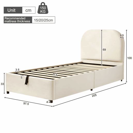 Cama infantil estofada 90x190 cm - sistema hidráulico, baú rebatível, base de ripas, cabeceira estofada, amplo espaço de arrumação, veludo - bege