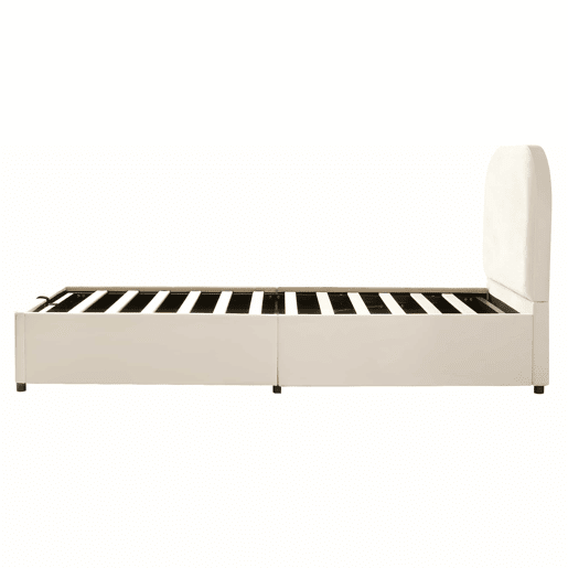 Cama infantil estofada 90x190 cm - sistema hidráulico, baú rebatível, base de ripas, cabeceira estofada, amplo espaço de arrumação, veludo - bege
