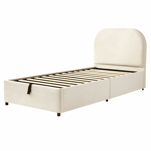 Cama infantil estofada 90x190 cm - sistema hidráulico, baú rebatível, base de ripas, cabeceira estofada, amplo espaço de arrumação, veludo - bege