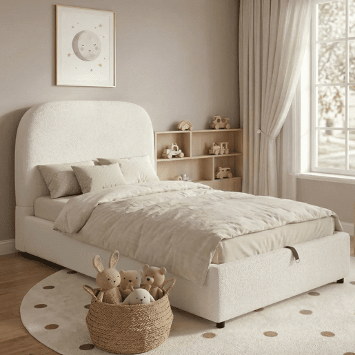 Cama individual 90x200 cm - funcional, com sistema hidráulico, cabeceira e amplo espaço de arrumação - bege bouclé