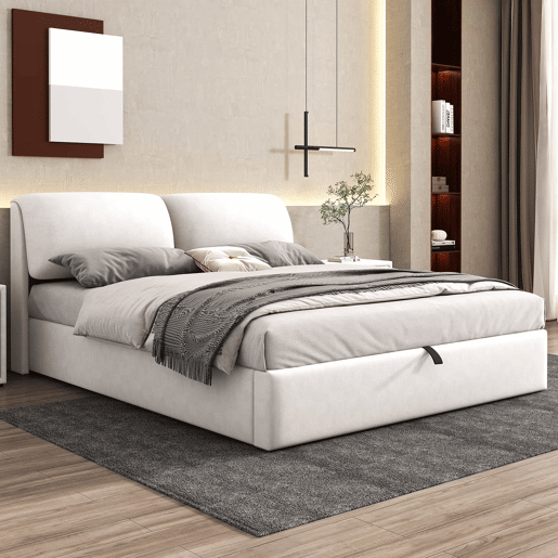Cama estofada 180x200 cm - com sistema hidráulico, 3 gavetas, baú de arrumação, base com cabeceira, sem colchão, veludo - bege
