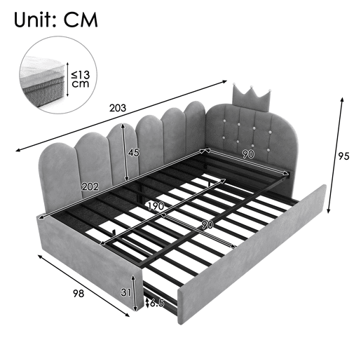 Cama gavetão de veludo 90x200 cm,cinza