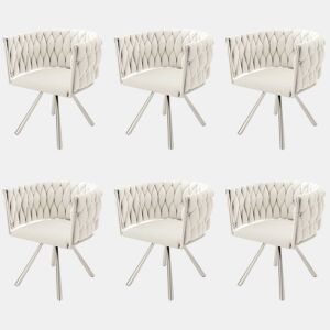 Conjunto de 6 cadeiras giratórias de veludo com braços - pernas de metal prateado - Bege