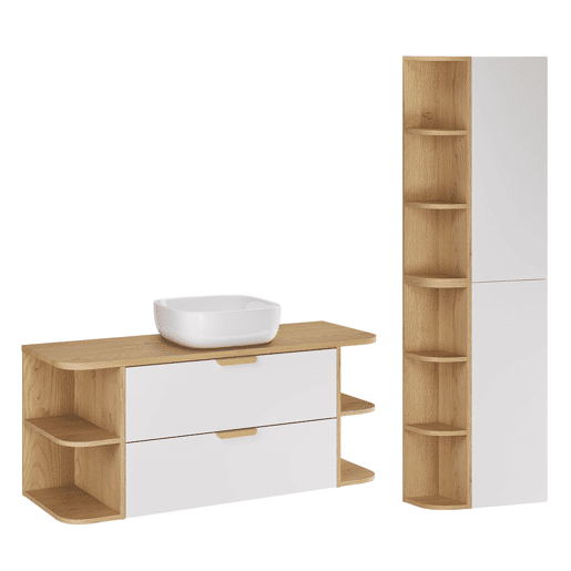Conjunto móvel lavatório simples 120cm nichos arredondados e coluna Oria Branco mate