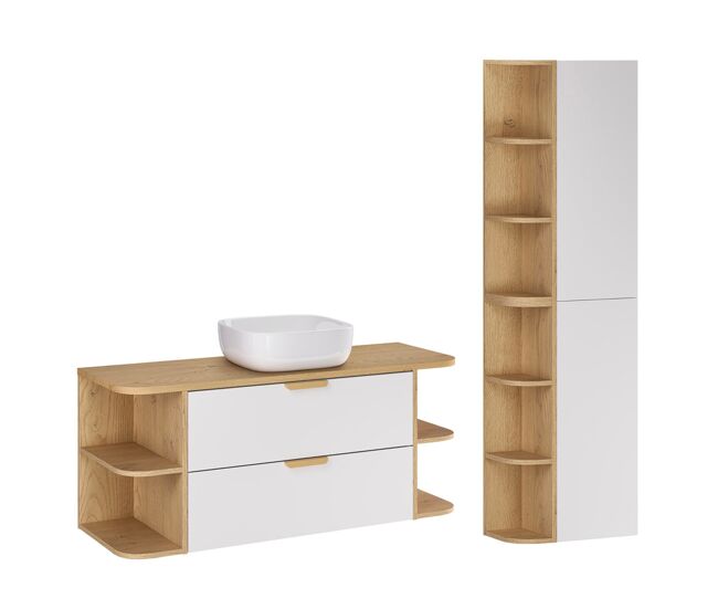 Mueble de lavabo de 120cm con nichos redondeados y columna oria blanco mate