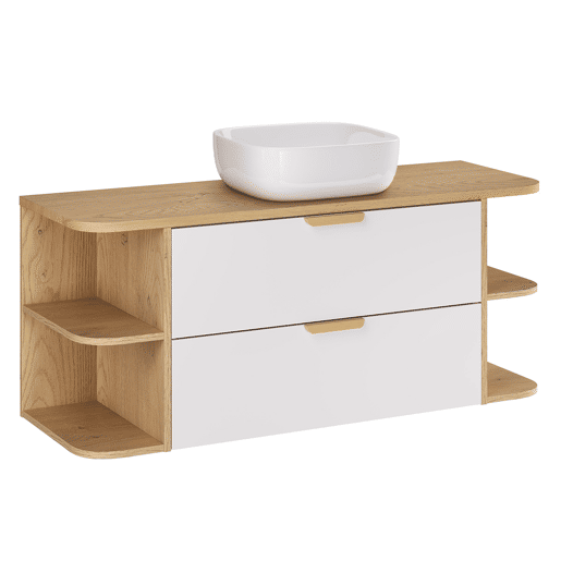 Conjunto móvel lavatório simples 120cm nichos arredondados e coluna Oria Branco mate