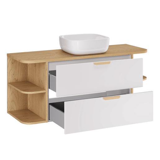 Conjunto móvel lavatório simples 120cm nichos arredondados e coluna Oria Branco mate