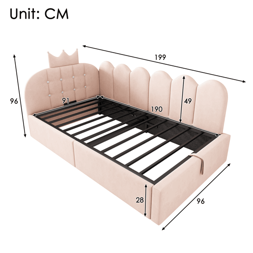 Cama de criança,cama de solteiro de veludo 90x190 cm com armazenamento,rosa